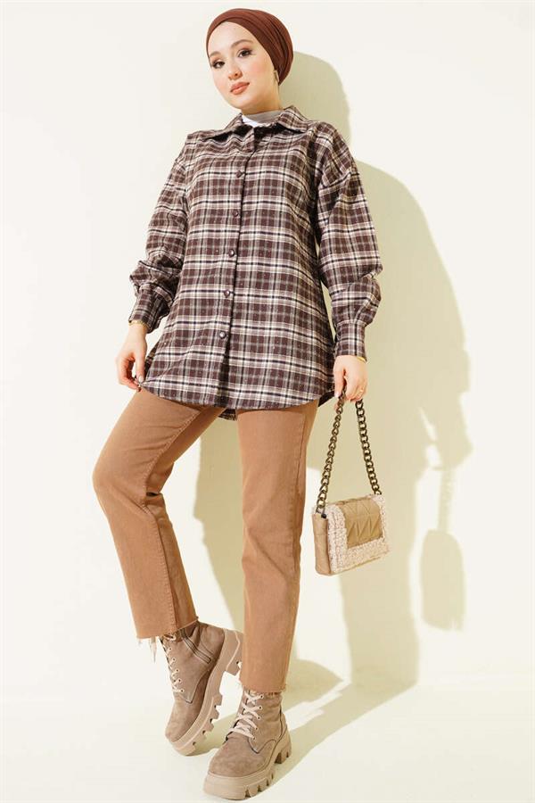 Plaid Pattern Embellished Shirt Earth Tones