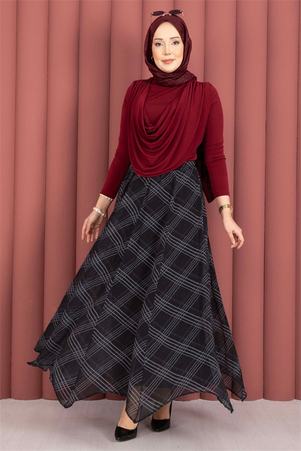 Plaid Asymmetrical Chiffon Skirt, Black