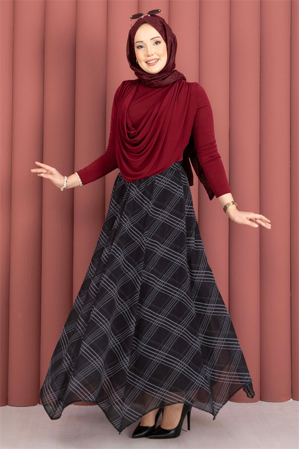 Plaid Asymmetrical Chiffon Skirt, Black