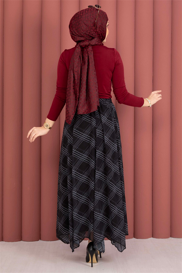 Plaid Asymmetrical Chiffon Skirt, Black