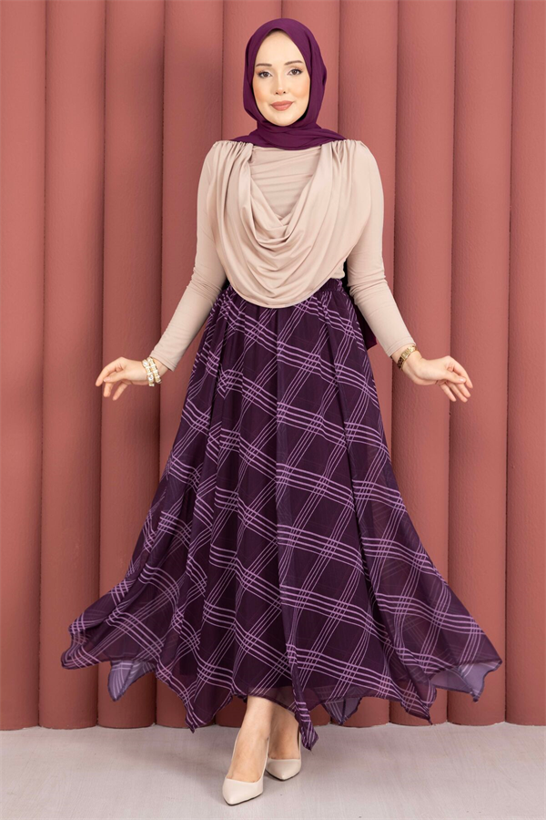 Plaid Pattern Asymmetrical Chiffon Skirt, Plum