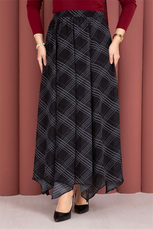 Plaid Asymmetrical Chiffon Skirt, Black