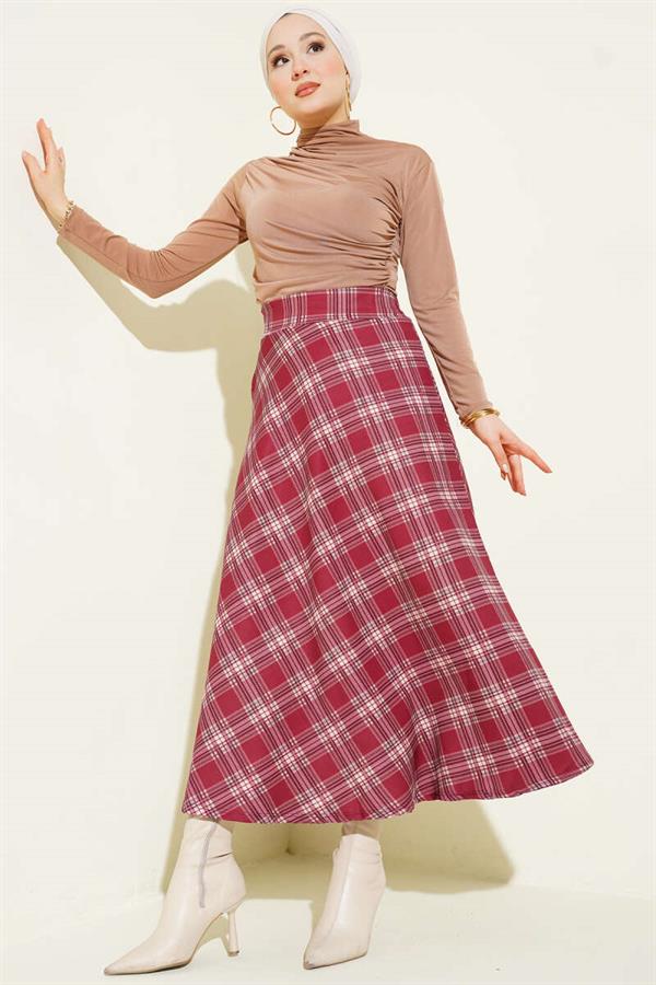 Plaid Patterned Skirt with Waist Zipper, Burgundy
