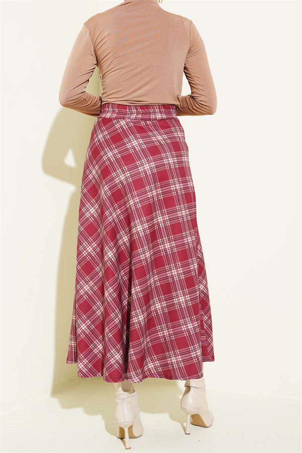 Plaid Patterned Skirt with Waist Zipper, Burgundy