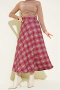 Plaid Patterned Skirt with Waist Zipper, Burgundy