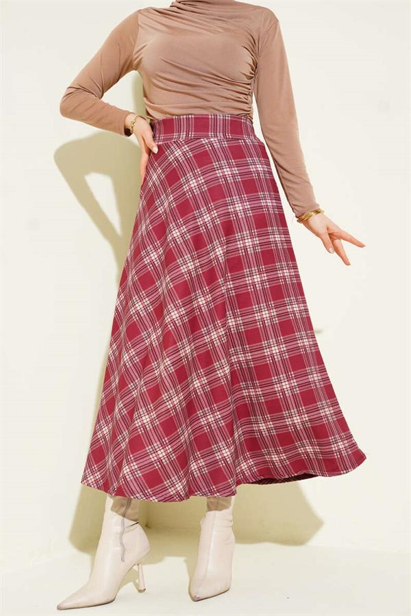 Plaid Patterned Skirt with Waist Zipper, Burgundy