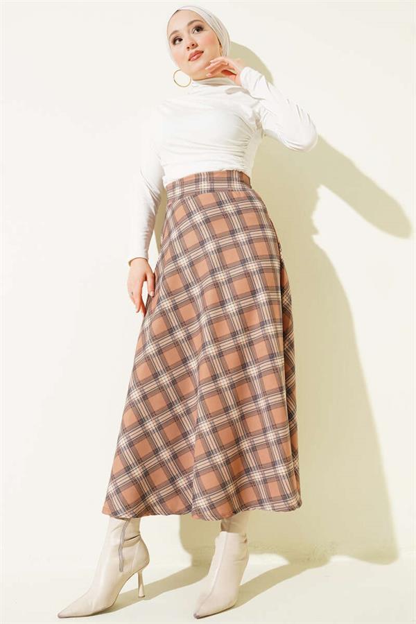 Plaid Patterned Skirt with Waist Zipper, Camel