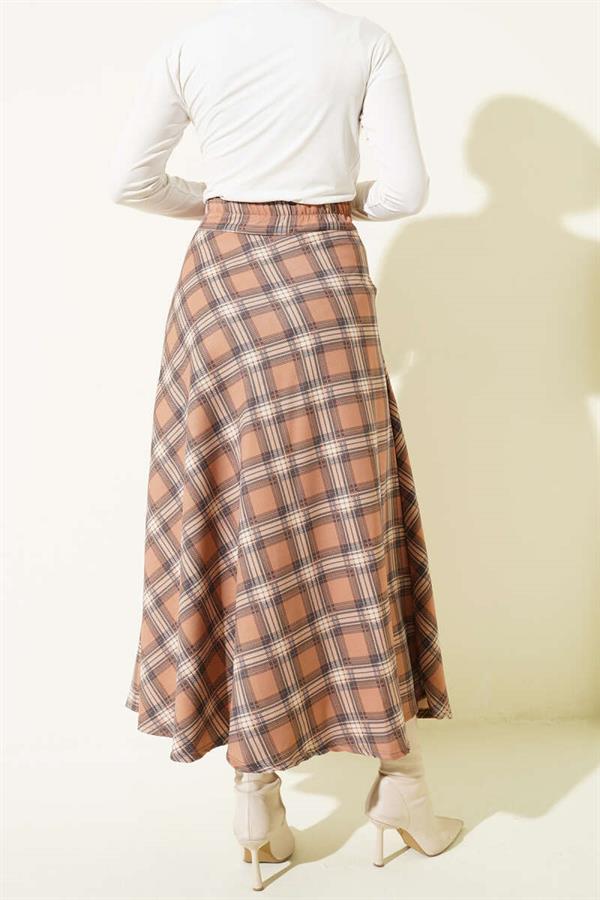 Plaid Patterned Skirt with Waist Zipper, Camel