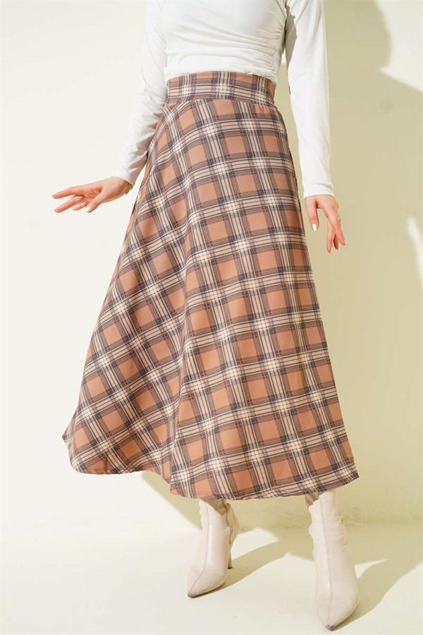 Plaid Patterned Skirt with Waist Zipper, Camel