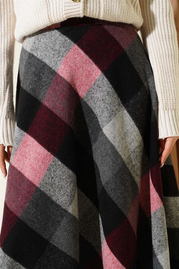 Plaid Patterned Zip-Up Cashmere Skirt, Anthracite