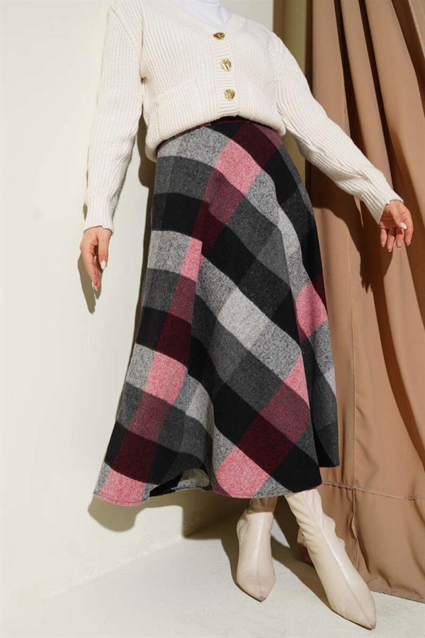Plaid Patterned Zip-Up Cashmere Skirt, Anthracite