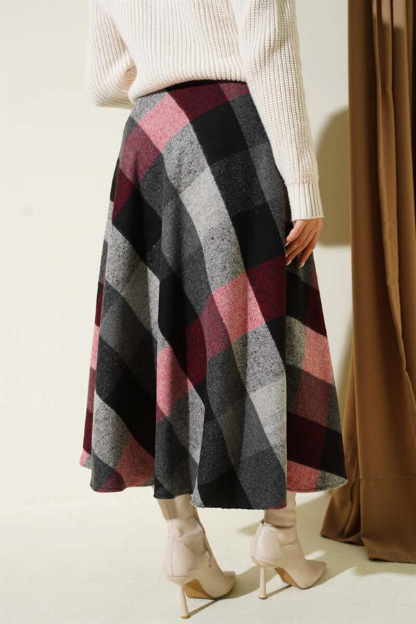 Plaid Patterned Zip-Up Cashmere Skirt, Anthracite