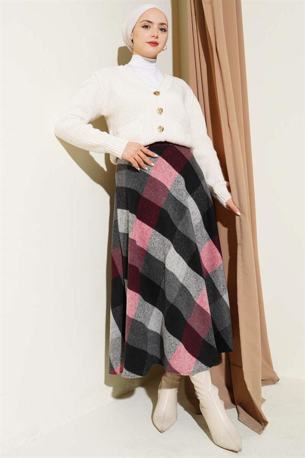 Plaid Patterned Zip-Up Cashmere Skirt, Anthracite