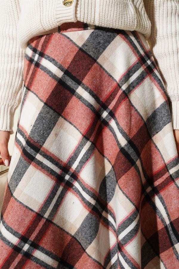 Plaid Patterned Zip-Up Cashmere Skirt, Beige