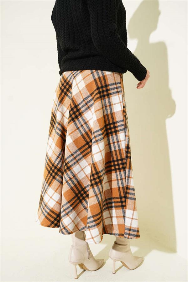 Plaid Patterned Zip-Up Cashmere Skirt, Camel