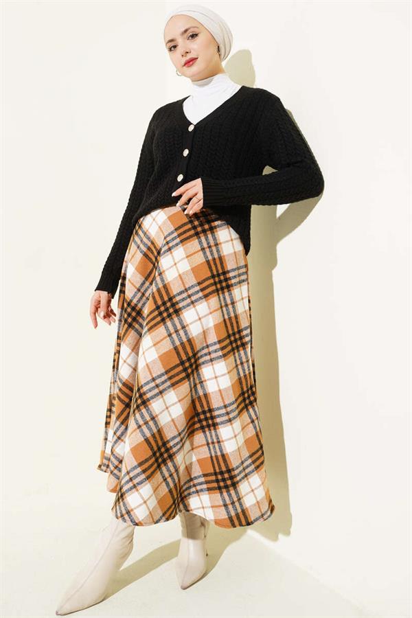 Plaid Patterned Zip-Up Cashmere Skirt, Camel