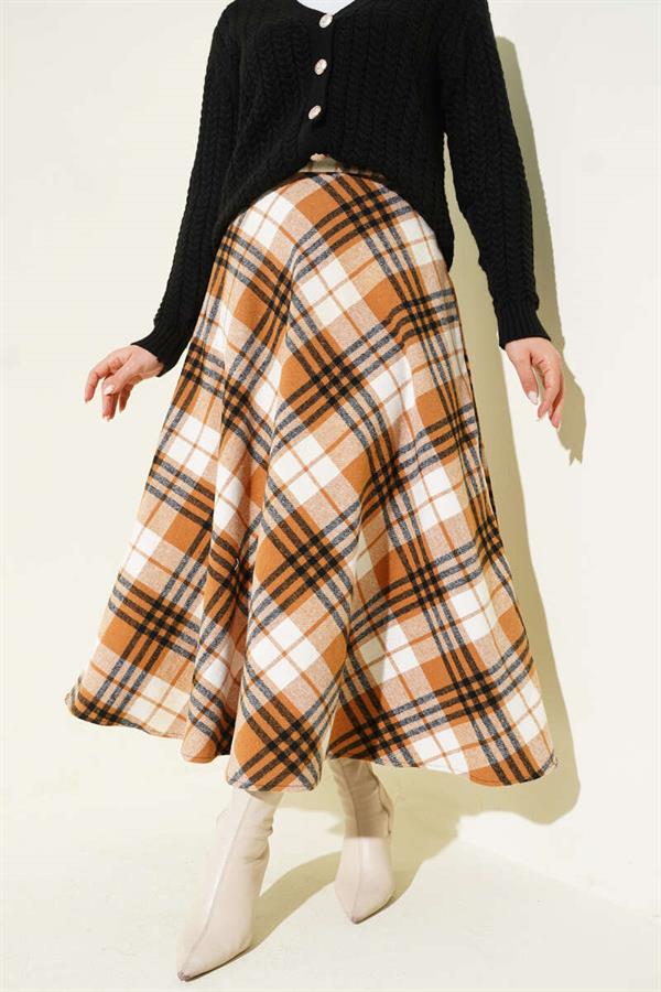 Plaid Patterned Zip-Up Cashmere Skirt, Camel