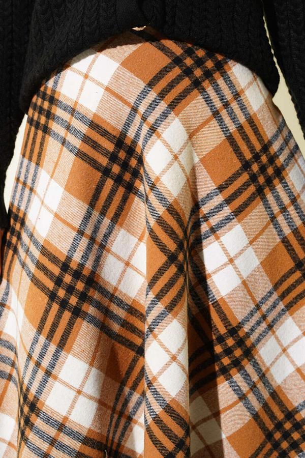 Plaid Patterned Zip-Up Cashmere Skirt, Camel