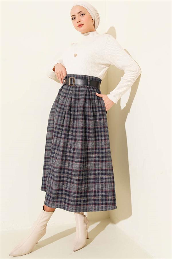 Plaid Belted Skirt, Navy Blue