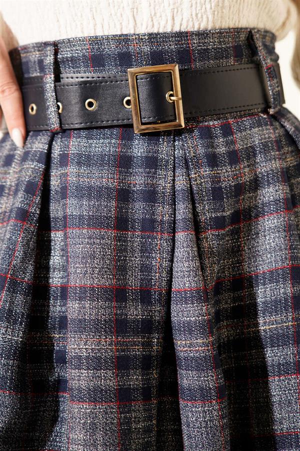 Plaid Belted Skirt, Navy Blue