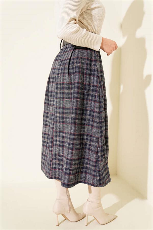 Plaid Belted Skirt, Navy Blue