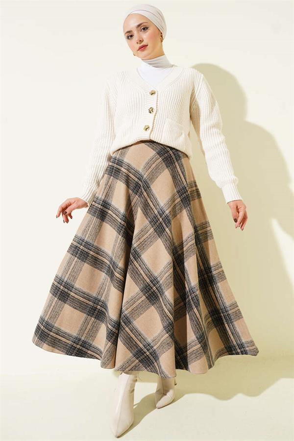 Plaid Patterned Flared Cashmere Skirt Camel