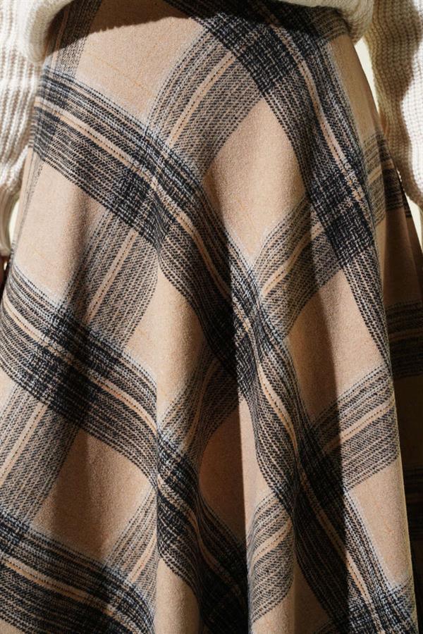 Plaid Patterned Flared Cashmere Skirt Camel