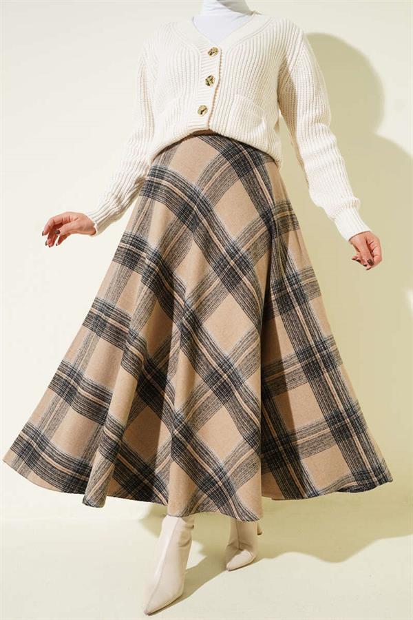 Plaid Patterned Flared Cashmere Skirt Camel