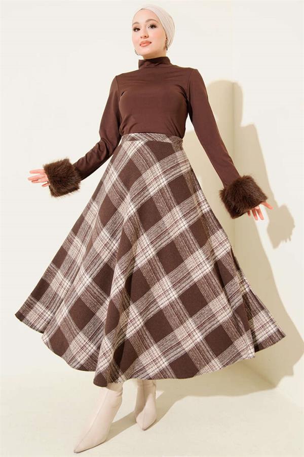 Plaid Patterned Flared Cashmere Skirt, Brown