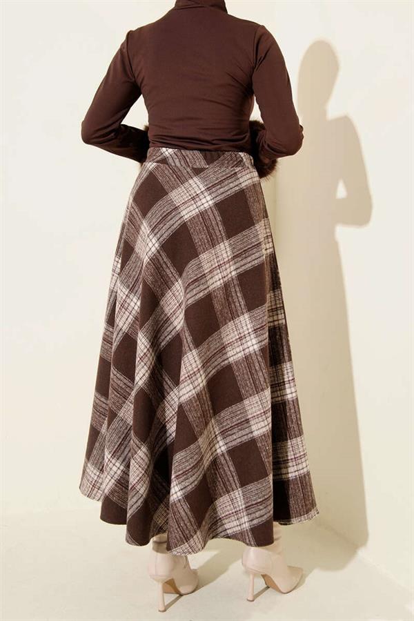 Plaid Patterned Flared Cashmere Skirt, Brown
