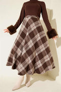 Plaid Patterned Flared Cashmere Skirt, Brown