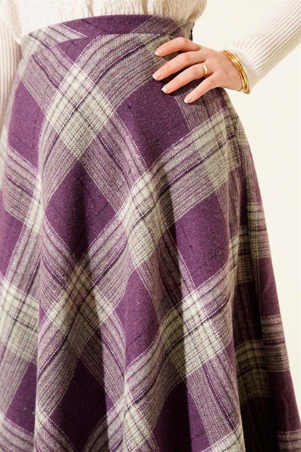 Plaid Patterned Flared Cashmere Skirt Lilac