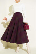 Plaid Patterned Flared Cashmere Skirt, Plum