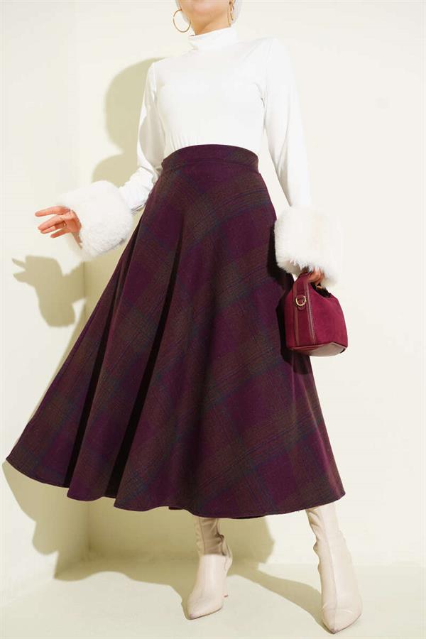 Plaid Patterned Flared Cashmere Skirt, Plum
