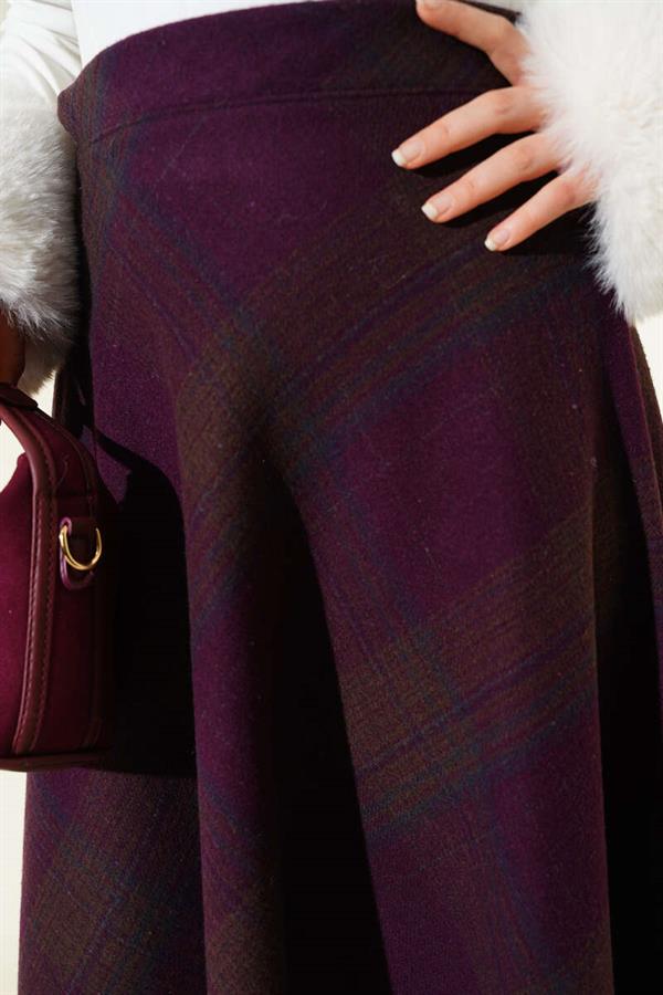 Plaid Patterned Flared Cashmere Skirt, Plum