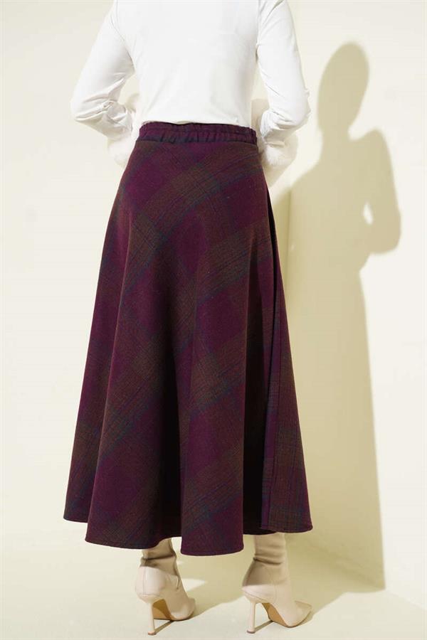 Plaid Patterned Flared Cashmere Skirt, Plum