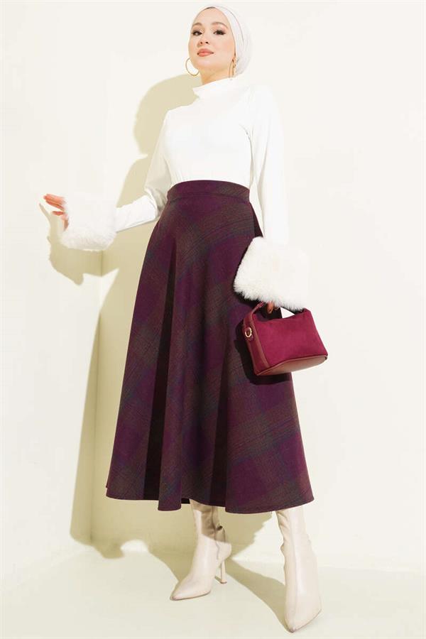 Plaid Patterned Flared Cashmere Skirt, Plum
