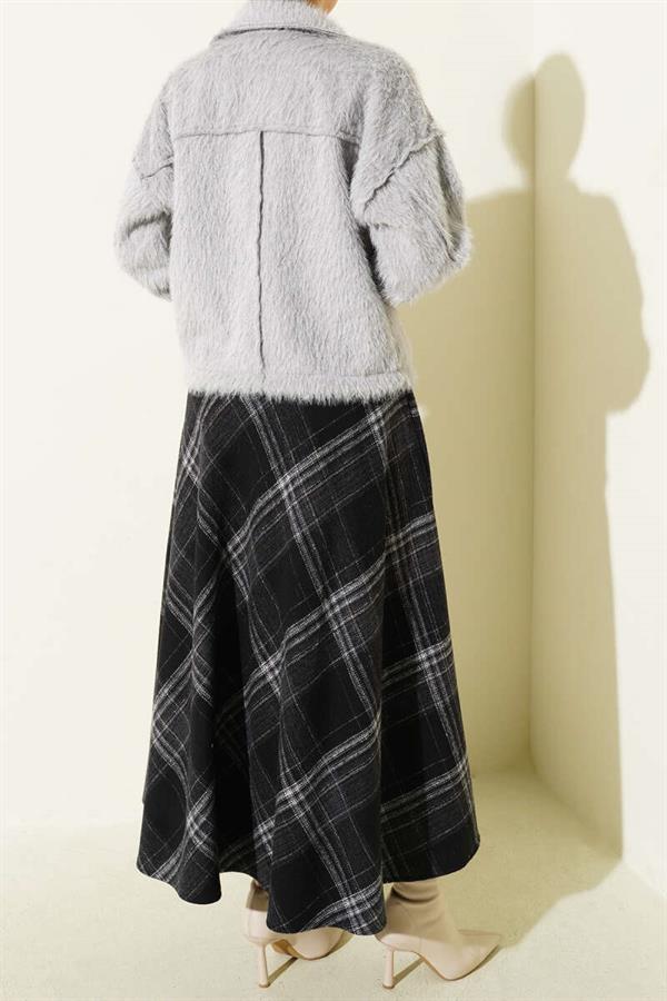 Plaid Patterned Flared Cashmere Skirt Black