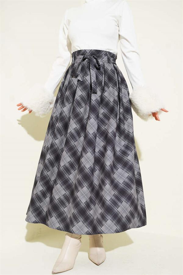 Plaid Belted Skirt, Smoke Grey