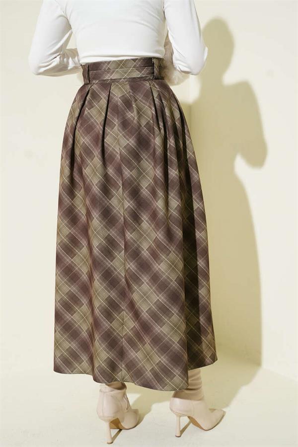 Plaid Belted Skirt, Khaki