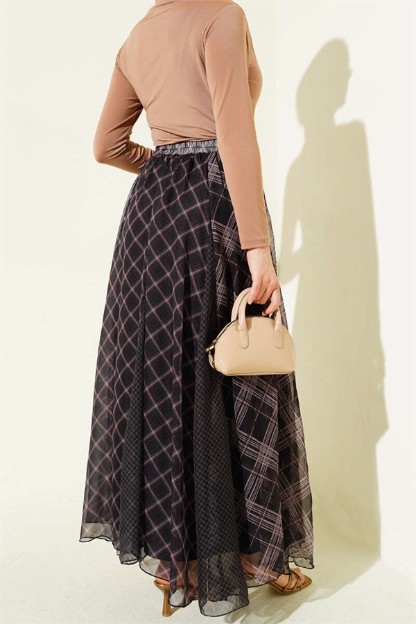 Plaid Chiffon Flared Skirt, Black