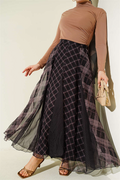 Plaid Chiffon Flared Skirt, Black