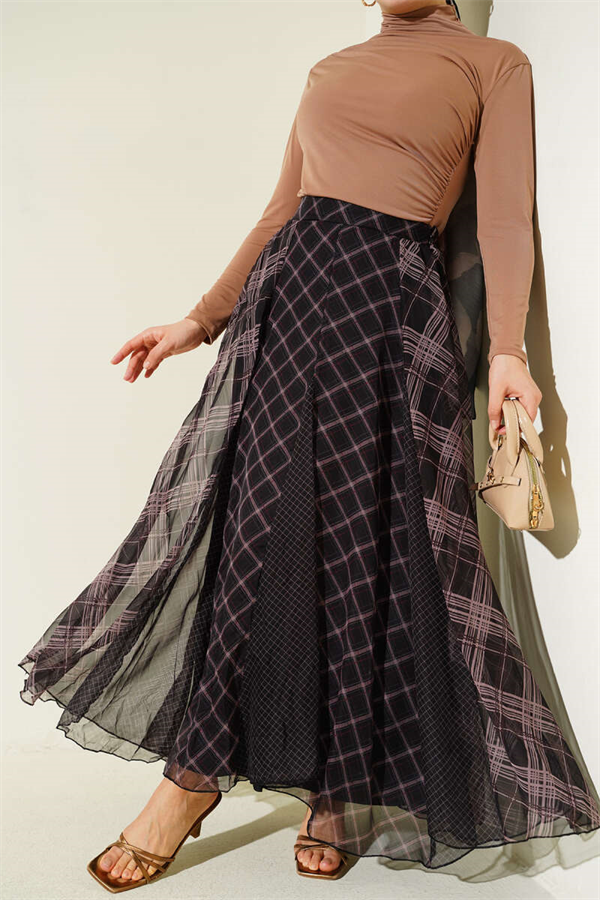 Plaid Chiffon Flared Skirt, Black