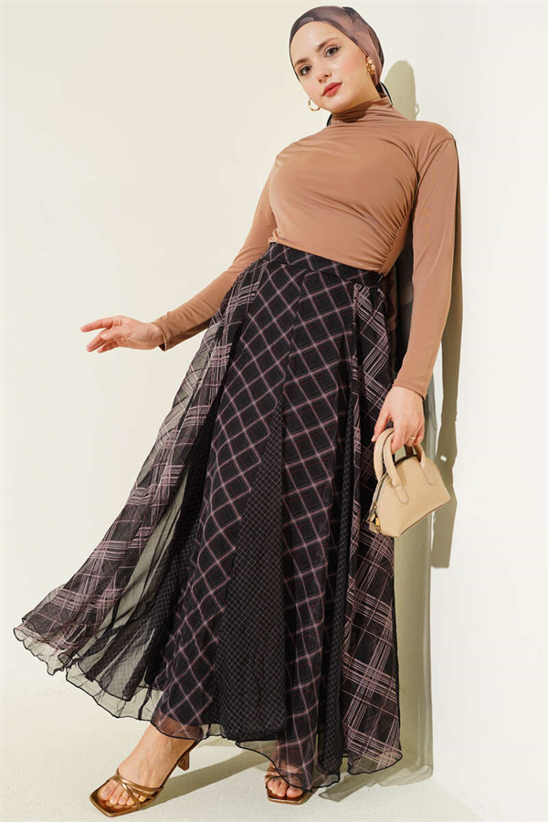 Plaid Chiffon Flared Skirt, Black