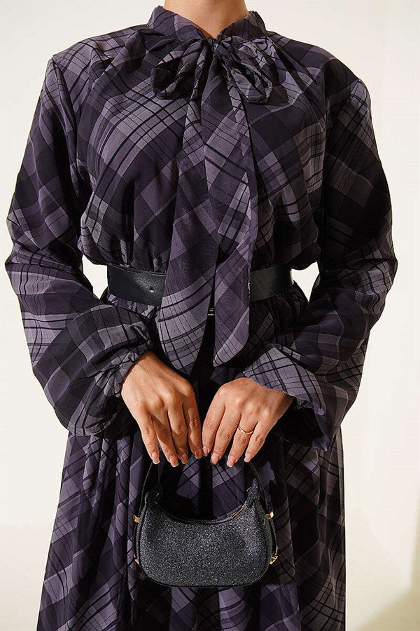 Plaid Belted Chiffon Dress, Smoke Grey