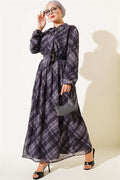 Plaid Belted Chiffon Dress, Smoke Grey