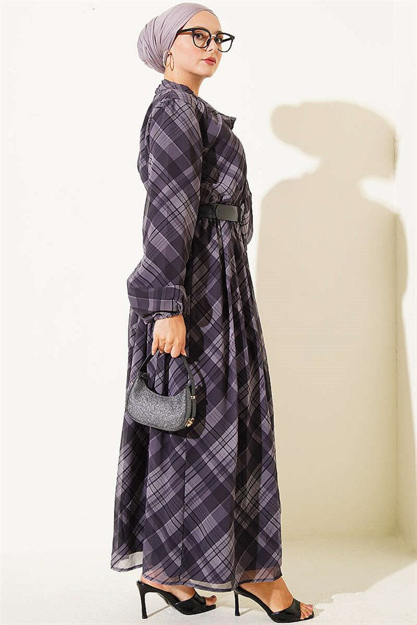 Plaid Belted Chiffon Dress, Smoke Grey