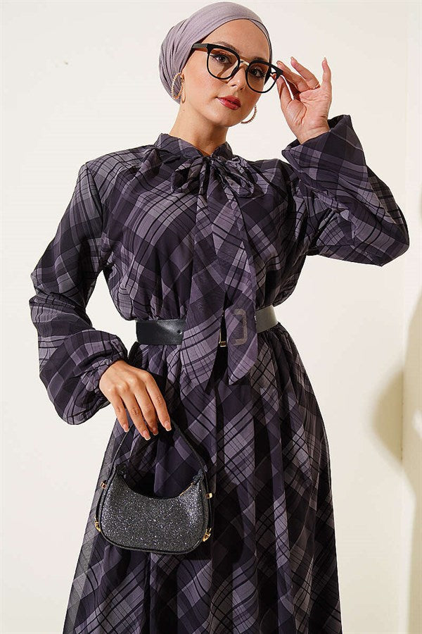 Plaid Belted Chiffon Dress, Smoke Grey
