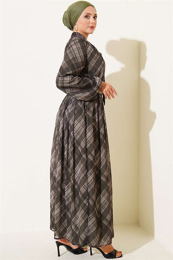 Plaid Belted Chiffon Dress Khaki