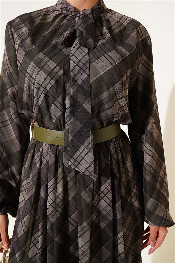 Plaid Belted Chiffon Dress Khaki